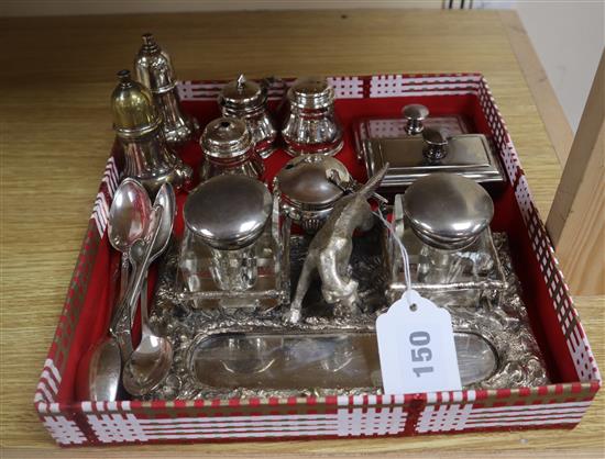 A plated inkstand, blotter, matching paperweight and two plated three piece condiment sets
